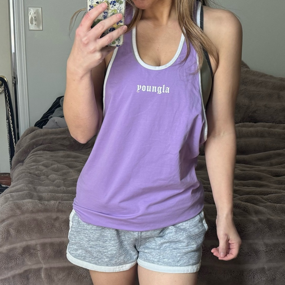 Youngla Purple Tank Top Curved Hem Golden Era workout lilac lavender
